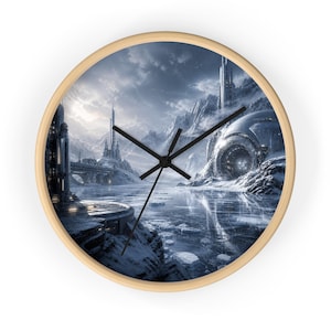 May include: Round wall clock with a light wood frame. The clock face features a futuristic, icy landscape with tall structures, mountains, and a body of water. Black clock hands indicate the time. The overall color scheme is cool, with shades of blue, white, and gray.