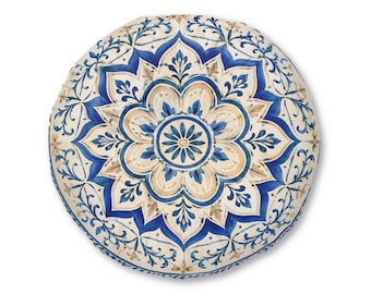 Blue Floral Mandala Tufted Floor Pillow
