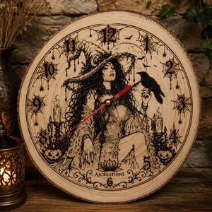 Pu&ograve; includere: Un orologio da parete rotondo ricavato da una fetta di legno naturale con un'illustrazione a inchiostro nero di una strega con cappello a punta, un corvo, candele e zucche. Il quadrante presenta numeri neri, ragnatele e lancette rosse.