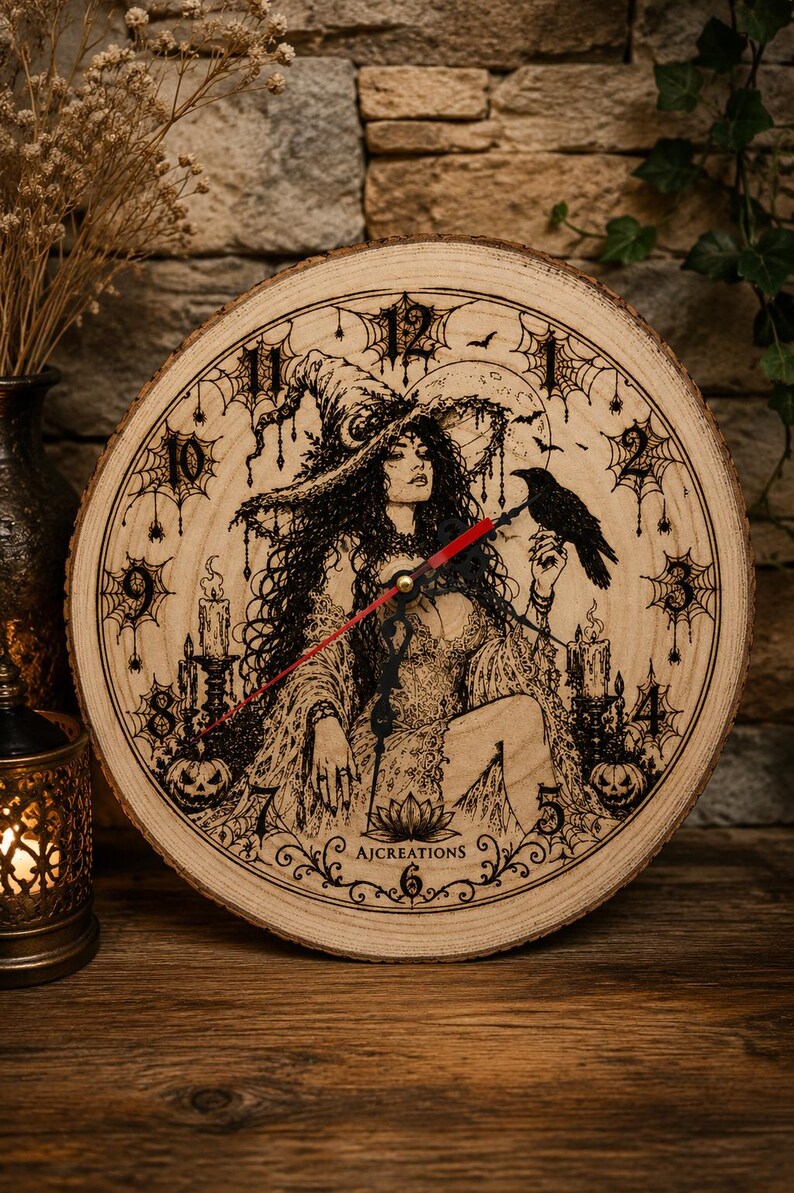 Pu&ograve; includere: Un orologio da parete rotondo ricavato da una fetta di legno naturale con un'illustrazione a inchiostro nero di una strega con cappello a punta, un corvo, candele e zucche. Il quadrante presenta numeri neri, ragnatele e lancette rosse.