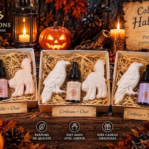 May include: Three gift boxes containing white ceramic Halloween-themed figures and small glass dropper bottles. The sets feature a pumpkin, a cat, a raven, and a tombstone with RIP text. Each box is filled with straw and labelled with French text.