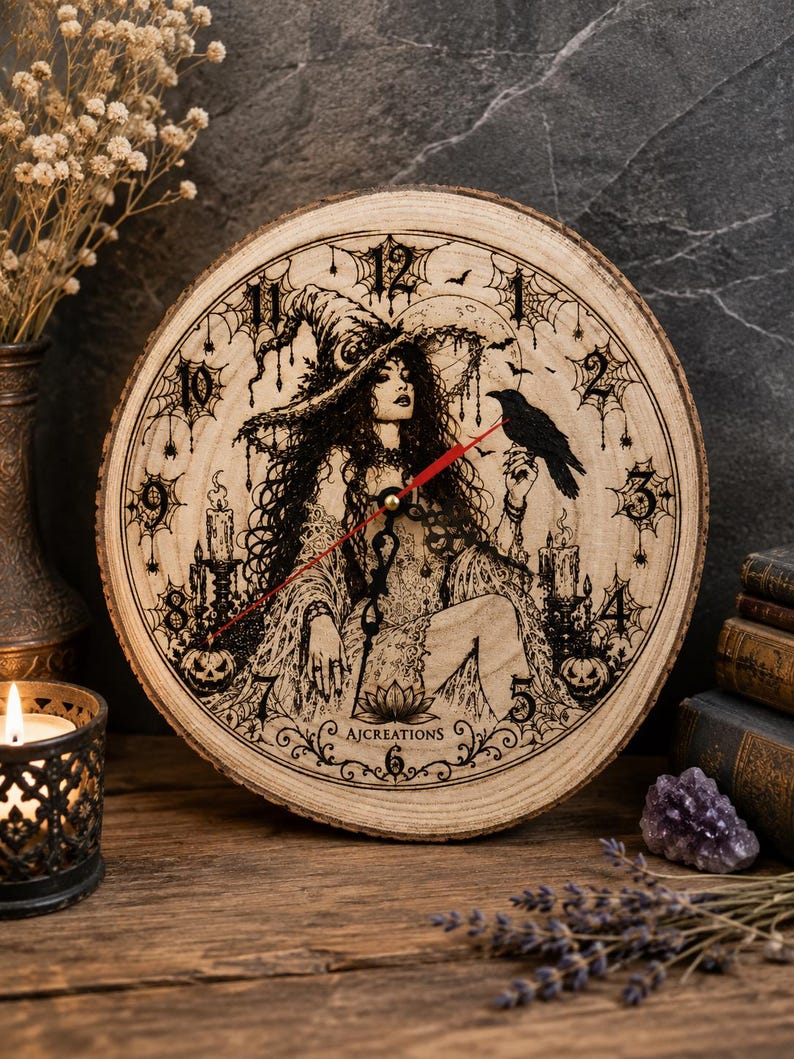 Pu&ograve; includere: Un orologio da parete rotondo ricavato da una fetta di legno naturale con un'illustrazione pirografata di una strega con cappello a punta, un corvo, ragnatele, candele e zucche. Il quadrante presenta numeri neri e lancette sottili rosse e nere.