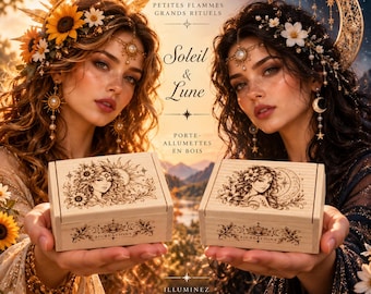 Porte-Allumettes Soleil et Lune en Bois Gravé – Accessoire Rituel et Autel Spirituel