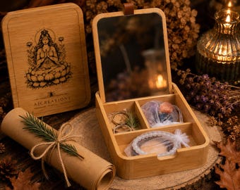 Bambus Schmuckschatulle mit Gravur - spirituelles Geschenkset mit Palo Santo, Natursteinarmbändern