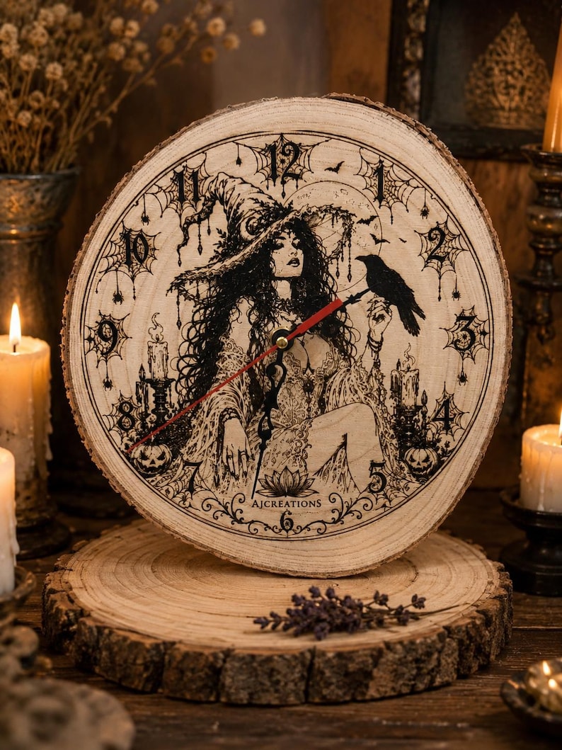 Pu&ograve; includere: Un orologio da parete rotondo ricavato da una fetta di legno naturale con un'illustrazione a inchiostro nero di una figura con cappello da strega, un corvo, candele e zucche. Il quadrante presenta numeri neri, ragnatele e lancette rosse.
