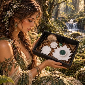 Pode incluir: Uma caixa de presente preta contendo um suporte de vela branco em forma de lótus com uma vela verde, um ornamento branco em forma de rosa, um pequeno disco de madeira com um design circular e um pequeno frasco conta-gotas de vidro escuro.