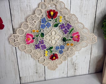 Hand Embroidered Floral Lace Doily | Colorful Cutwork Linen Centerpiece (7.5")
