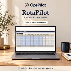 May include: A laptop displaying a Google Sheets template titled RotaPilot Staff rota & hours tracker. The screen shows a January 2026 staff schedule with columns for team members, daily shifts, total hours worked, contracted hours, and overtime.