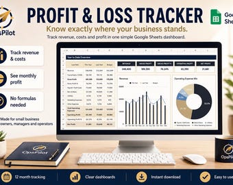 May include: A digital Profit & Loss Tracker for Google Sheets displayed on a computer monitor. The screen shows financial data, a line graph, and a pie chart. The interface includes the OpsPilot logo, text, and icons for tracking revenue and costs.