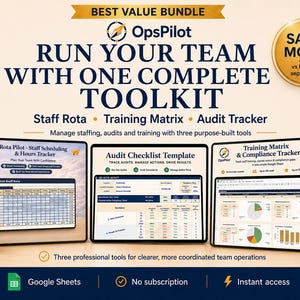 Puede incluir: Un paquete digital de herramientas OpsPilot que incluye un horario de personal, matriz de formación y rastreador de auditoría. Se muestran tres pantallas de tableta con plantillas de hojas de cálculo, una taza con logo y Google Sheets.