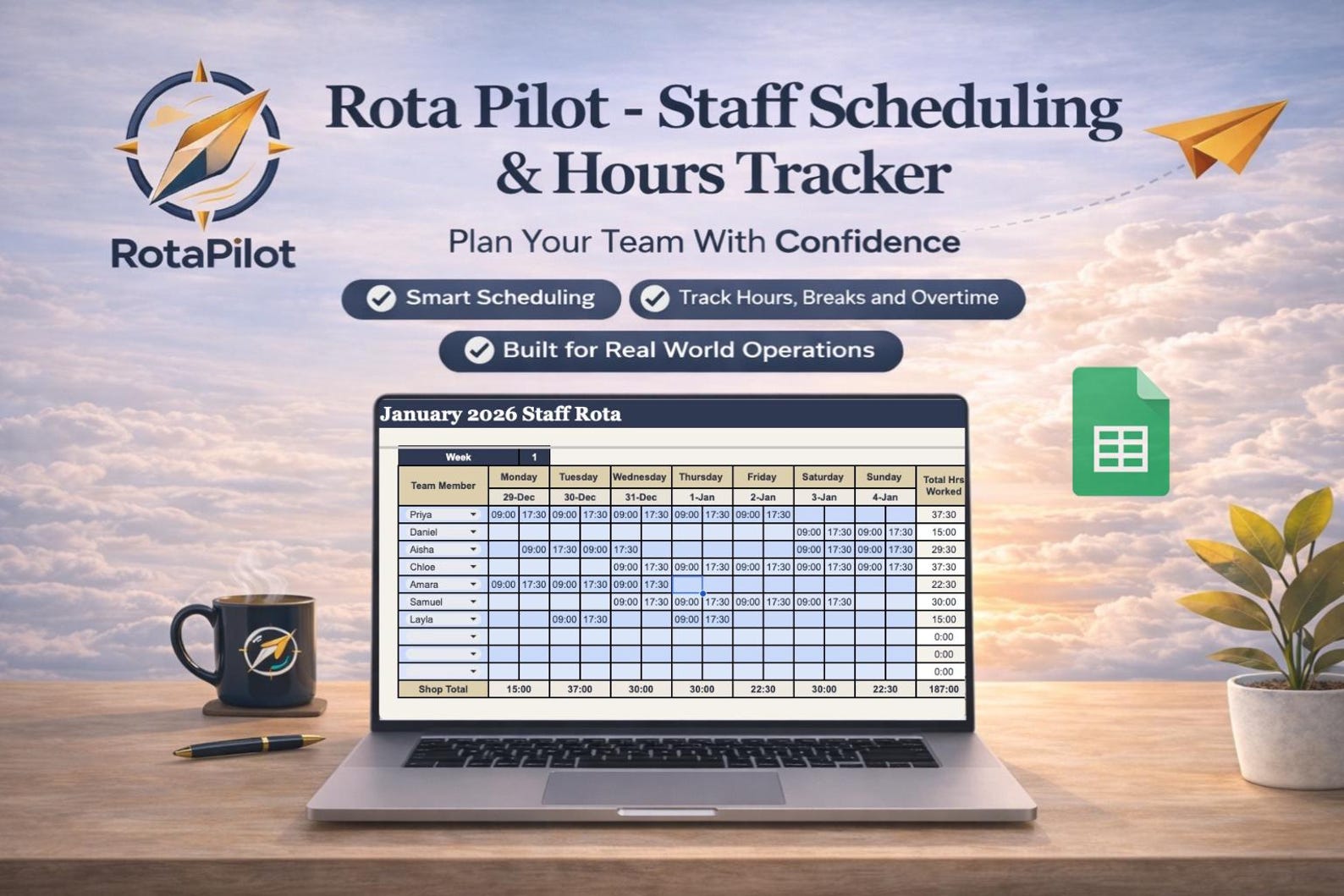 Staff Rota Planner | Google Sheets Shift Scheduler, Hours Tracker ...