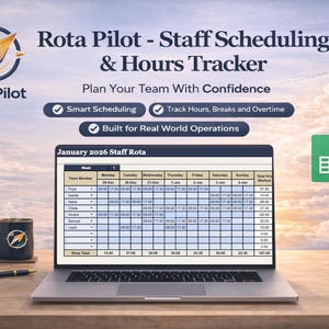 May include: A laptop displays a staff scheduling and hours tracker interface, with the text "Rota Pilot." A coffee mug, pen, and small plant are on the wooden desk. The screen shows a grid with employee names and work hours. The background is a cloudy sky.