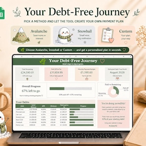 May include: A laptop displays a debt-free journey spreadsheet with financial data. The screen shows progress bars, charts, and debt details. The image includes a coffee mug, a snowman figurine, and a notebook with a pen, all on a wooden surface.