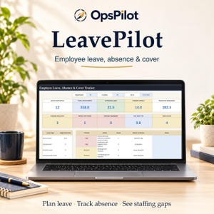 Könnte beinhalten: Ein Laptop-Bildschirm zeigt das LeavePilot Employee Leave, Absence & Cover Tracker Dashboard. Die Benutzeroberfläche präsentiert Kennzahlen für aktive Mitarbeiter, Urlaubsansprüche und ausstehende Anfragen in einem tabellarischen Raster.