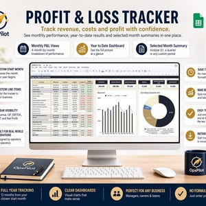 Op de afbeelding: Een computerscherm toont een spreadsheet voor winst- en verliesrekening. De afbeelding bevat een toetsenbord, muis, notitieboek en een mok met het OpsPilot-logo. De tekst op het scherm luidt "PROFIT & LOSS TRACKER" en benadrukt maandelijkse overzichten en jaarlijkse dashboards.