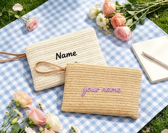 Custom Embroidered Name Straw Wristlet Bag Personalized Woven Clutch Pouch, Boho Wallet & Phone Bag For Her Summer Travel, Birthday Gift