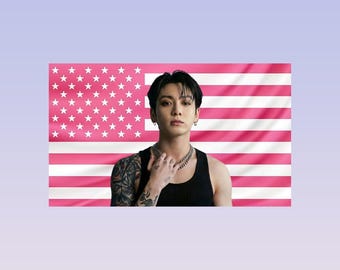 Jungkook Pink American Flag Tapestry – BTS Wall Art Decor | K-Pop Fan Room Flag | Aesthetic Pink Bedroom Decor