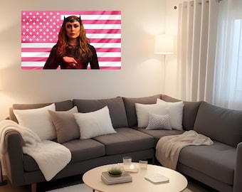 Scarlet Witch Pink American Flag Tapestry – Marvel Wall Art Decor | Wanda Maximoff Fan Flag | Aesthetic Pink Bedroom Decor