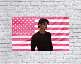Kai Azer Pink American Flag Tapestry – Influencer Wall Art Decor | Content Creator Fan Flag | Aesthetic Pink Bedroom Decor