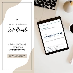 May include: Digital download graphic with text "SOP Bundle" and "6 Editable Word Templates". A tablet displays "Accounts Payable" document. A laptop, coffee cup, and decorative item are also visible.