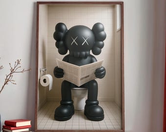 Kaws On The Toilet Reading a Newspaper Poster, Black Kaws Figure Print, Kaws Minimalist Decor, Hypebeast Toys, Bathroom Art, Funny Kaws