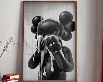 Kaws On The Shower Poster, Black Kaws Figure Print, Minimalist Hypebeast Bathroom Wall Art, Funny Kaws Decor