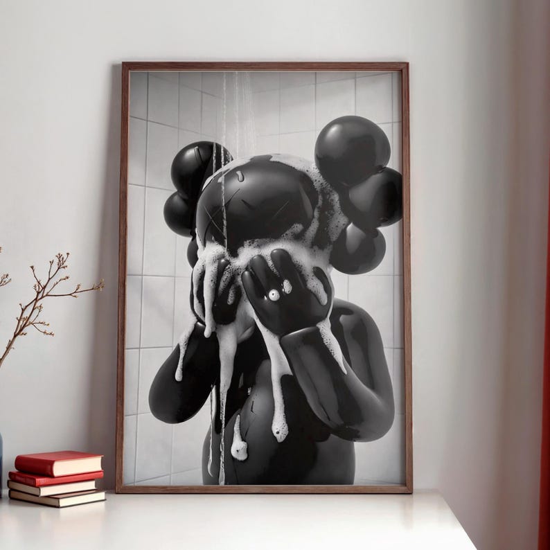 Kaws On The Shower Poster, Black Kaws Figure Print, Minimalist Hypebeast Bathroom Wall Art, Funny Kaws Decor bild 1