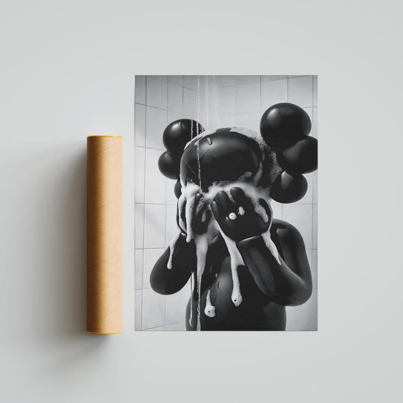 Kaws On The Shower Poster, Black Kaws Figure Print, Minimalist Hypebeast Bathroom Wall Art, Funny Kaws Decor bild 3