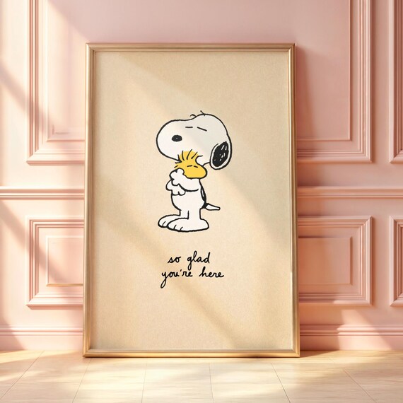 Snoopy and Woodstock Wall Art, “So Glad You’re Here” Quote Print, Inspired Minimal Poster, Friendship Love Art, Cozy Home Decor
