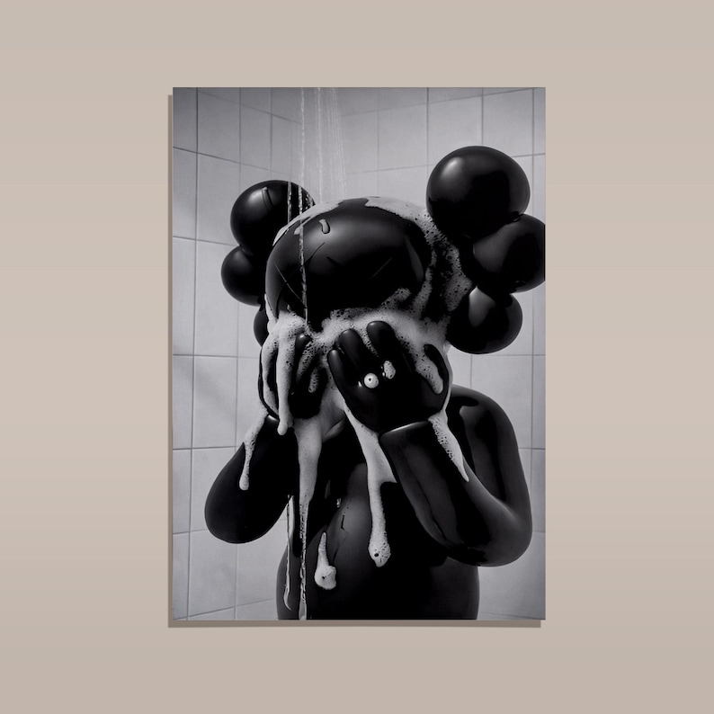 Kaws On The Shower Poster, Black Kaws Figure Print, Minimalist Hypebeast Bathroom Wall Art, Funny Kaws Decor bild 2