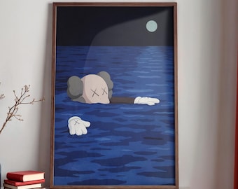 Kaws Floating Ocean Night Poster, Dark Blue Moonlight Street Art Wall Print, Hypebeast Bedroom Living Room Decor, Aesthetic Art Gift