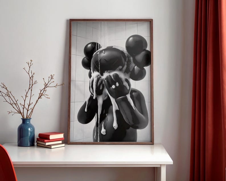 Kaws On The Shower Poster, Black Kaws Figure Print, Minimalist Hypebeast Bathroom Wall Art, Funny Kaws Decor bild 4