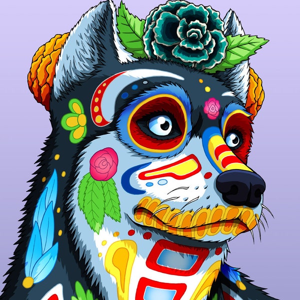 Day of the Dead Dog Husky Art Print - "Norteño"