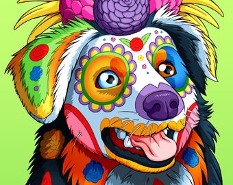 Day of the Dead Dog Australian Shepherd Art Print - "Galleta"