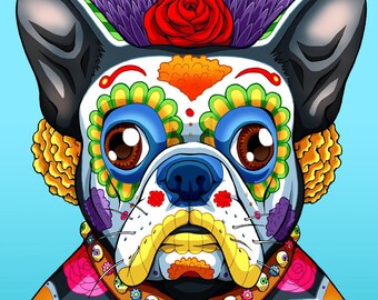 Day of the Dead Dog Boston Terrier Art Print - "Tezo"