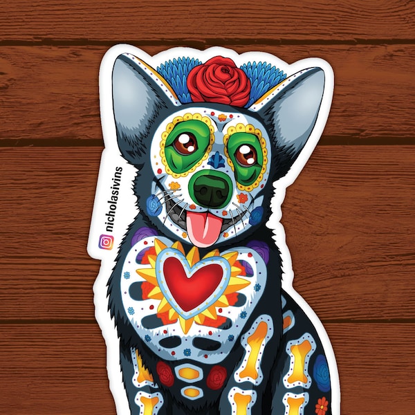 Day of the Dead Dog Corgi Sticker - "Cabo"