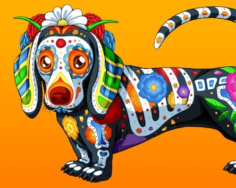 Day of the Dead Dog Dachshund Art Print - "Chicha"