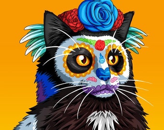Day of the Dead Fluffy Black Cat Art Print - "Sonny"