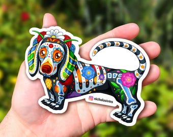 Pegatina de perro salchicha del Día de Muertos - "Chicha"