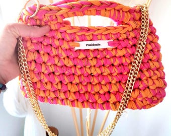 BEST SELLER -Sac au crochet Fuschia & Orange doré fait main - bandoulière porté main - bolso crochet - gift for her