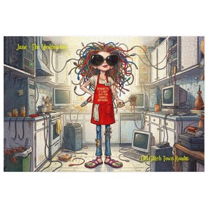 May include: A colorful puzzle featuring a cartoon illustration of a person with wires for hair, wearing sunglasses and an apron that reads "Spaghetti It's Not Just For Dinner Anymore." The background depicts a kitchen with computers.