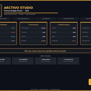 Puede incluir: Una plantilla digital de seguimiento de presupuesto de Arctivo Studio para 2025. El diseño presenta un fondo oscuro con acentos amarillos, mostrando categorías financieras como ingresos, gastos y objetivos. Incluye una guía de bienvenida, un panel en vivo y un planificador de presupuesto.