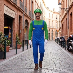 May include: A person wearing a Luigi costume, featuring a green hat with a white "L", a green long-sleeve shirt, blue overalls with yellow buttons, white gloves, and brown boots. The costume is a full-body outfit. The person has a fake mustache.