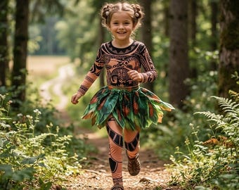 Kids Tribal Tattoo Polynesian Moana Costume with Skirt Jungle Dress Up Two Piece Outfit