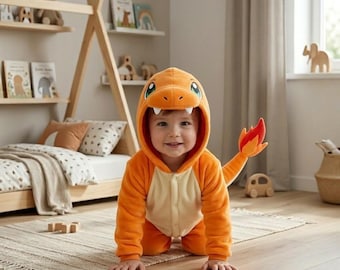 Charmander Pajama Kids Anime Cosplay Onesie Halloween Costume Cozy Fleece Sleepwear Cartoon Outfit
