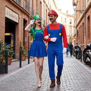 May include: Two people dressed in Mario and Luigi costumes walking down a brick-paved street. The Mario costume includes a red hat, red shirt, blue overalls, and brown boots. The Luigi costume features a green hat, green shirt, and blue dress with brown heels.