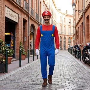May include: A person wearing a Mario costume, including a red hat with a white "M" emblem, a red long-sleeve shirt, blue overalls with yellow buttons, white gloves, and brown boots. The person is walking on a cobblestone street.
