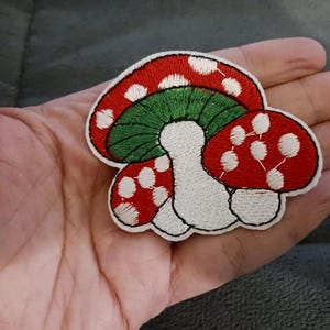 May include: Embroidered patch featuring a cluster of mushrooms. The mushroom caps are red with white spots, the gills are green, and the stems are white. The patch is outlined in white.