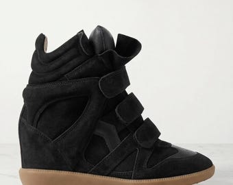 Isabel Marant Bekett : Schwarze Wildleder Keil Turnschuhe Designer High-Top Turnschuhe mit Klettverschluss