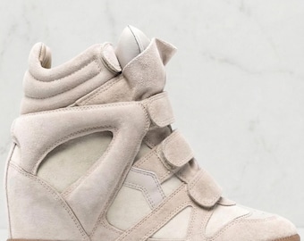 Isabel Marant Bekett Wedge Sneakers : Beige Suede Leather Hidden Heel High-Tops Iconic Everyday Streetwear